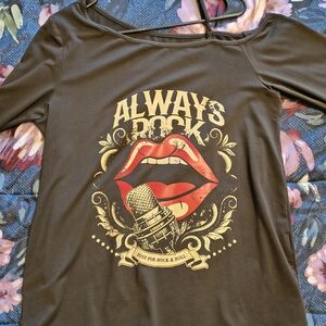 Shein Always Rock Graphic Women's Top - Black with Red Detail One Shoulder.